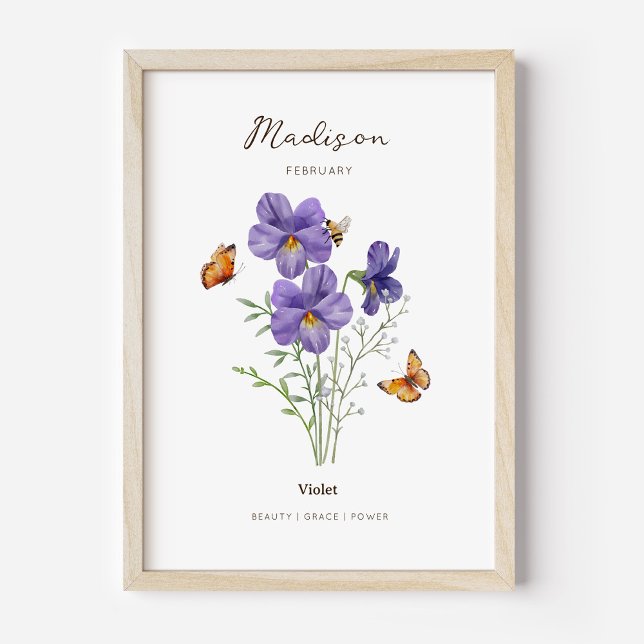 Violett Födelsemånad Blomma Affisch (Example of violet birth flower poster once framed. )