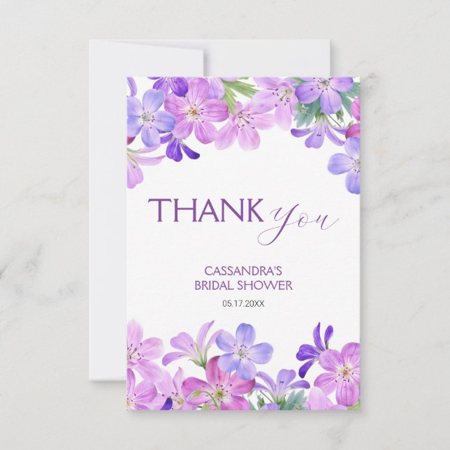 Violett Geranium Blommig Bröllopsdusch  Tack Kort (Framsida)