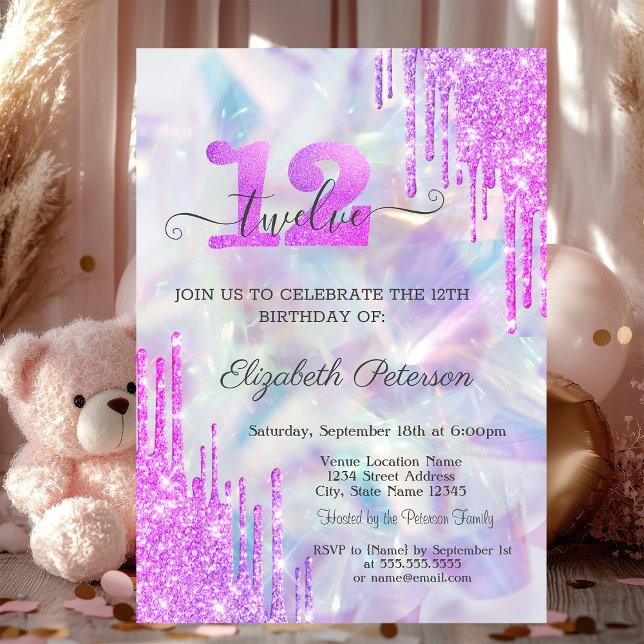 Violett glitterdroppar Holografisk 12-årsdag Inbjudningar (Skapare uppladdad)