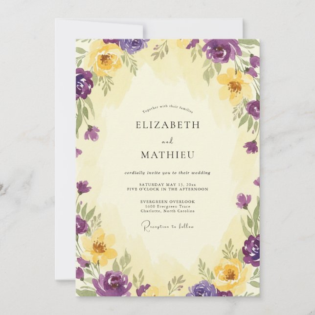 Violett Guld Ranunculus Dämpad Eucalyptus Bröllop Inbjudningar (Framsida)