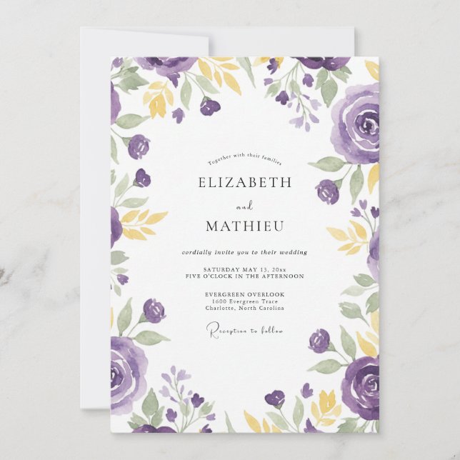 Violett Guld Ranunculus Eucalyptus Bröllop Inbjudningar (Framsida)