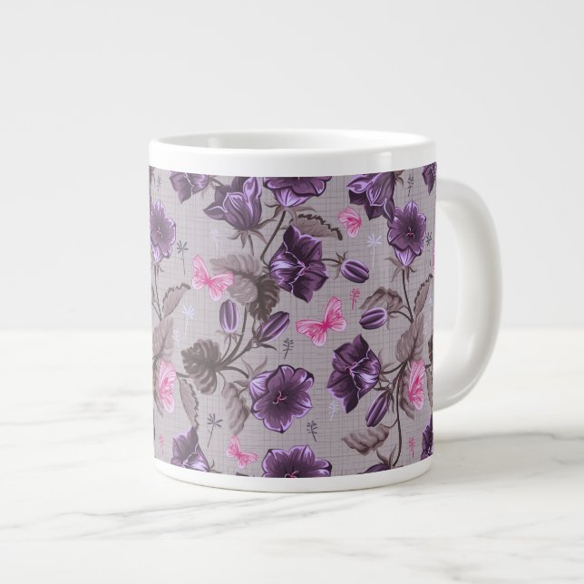 violett hand klockor och rosa fjärilar mönster jumbo mugg (Framsida höger)