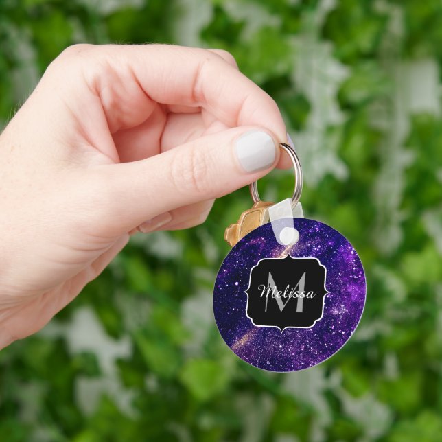 Violett lila abstrakt galax Anpassad monogram Nyckelring (Hand)