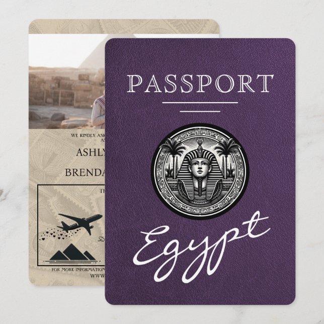 Violett Lila Egypten Pass Bröllopsinbjudan Inbjudningar (Fram/baksida)