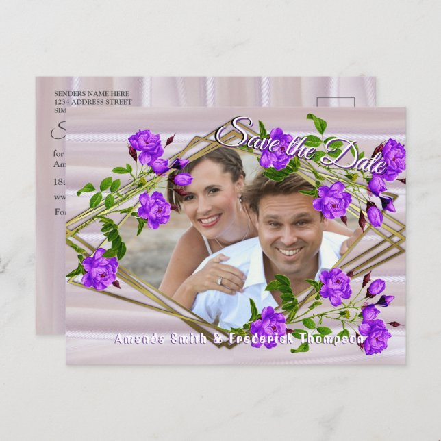 Violett-lila rosor på rosafärgad silke meddelande vykort (Fram/baksida)