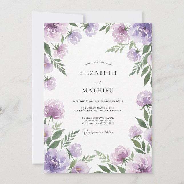 Violett Målad Ranunculus Bröllop Inbjudningar (Framsida)