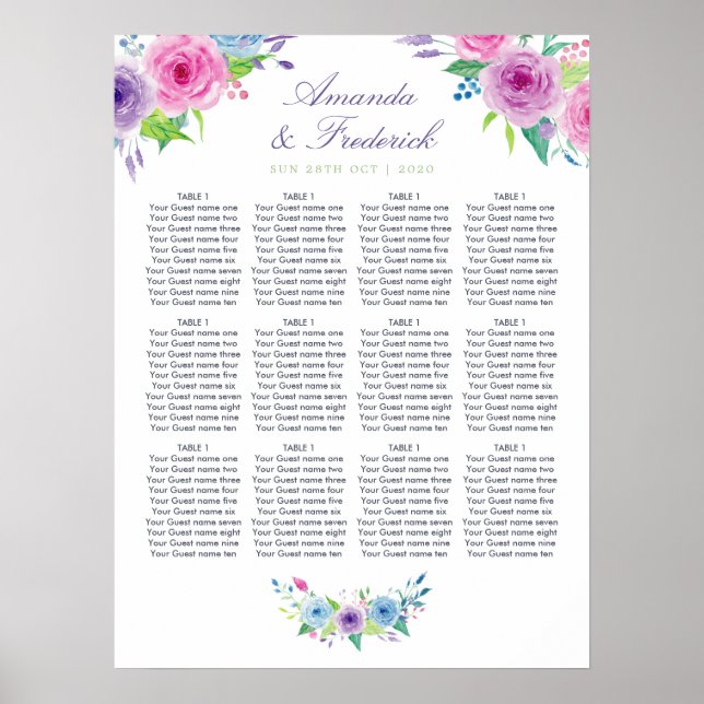 Violett Mix Vattenfärg Blommig Bröllopsställningsk Poster (Framsidan)
