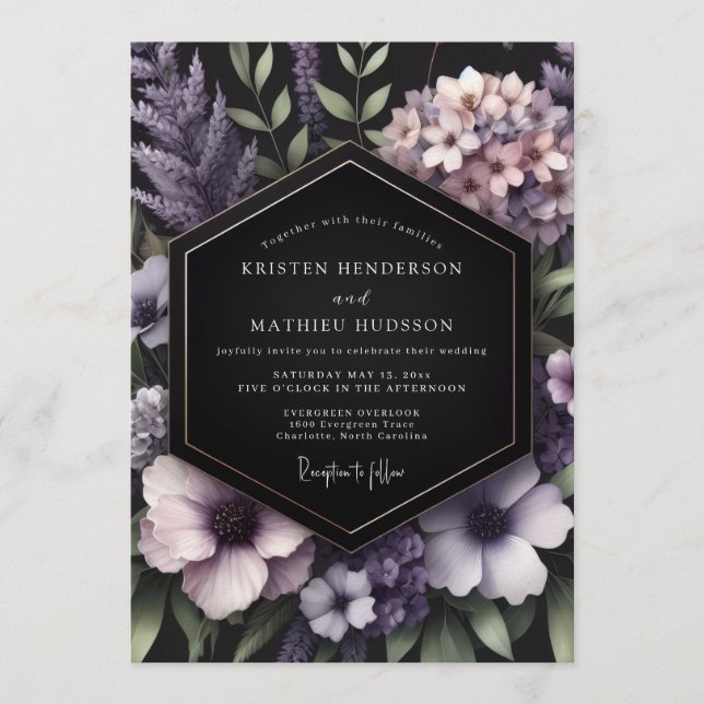 Violett nattlig blombröllop inbjudningar (Framsida)