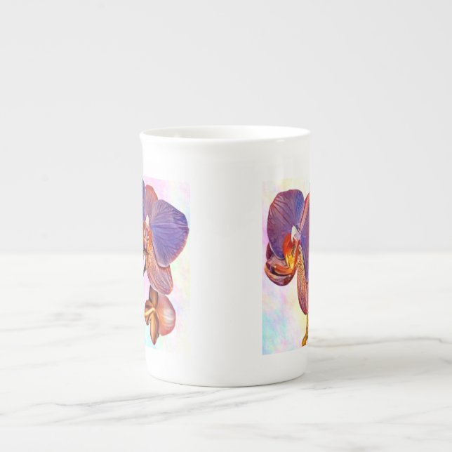 violett och bärnstensfärgad orkidé benporslin mugg (Framsidan)