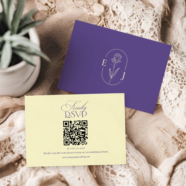 Violett och gult minimalistiskt bröllops QR-kod OSA Kort (Skapare uppladdad)