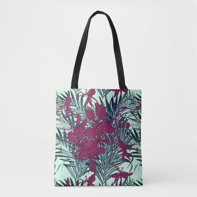Violett och marinblå tropisk blomstertasche tygkasse (Framsida)