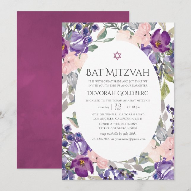 Violett och plommonblommig Bat Mitzvah Inbjudningar (Fram/baksida)