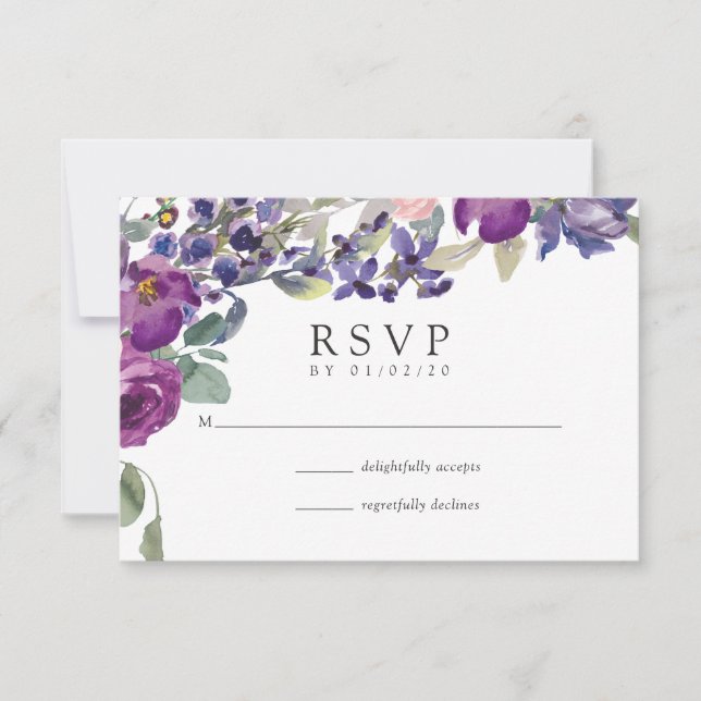 Violett och Plumosa Blommig Bröllops RSVP OSA Kort (Framsida)