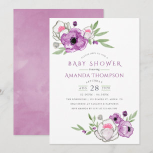 Violett och salvia akvarell blommig baby shower inbjudningar