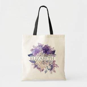 Violett och vit blomsterbrudtjejmonogramnamn tygkasse