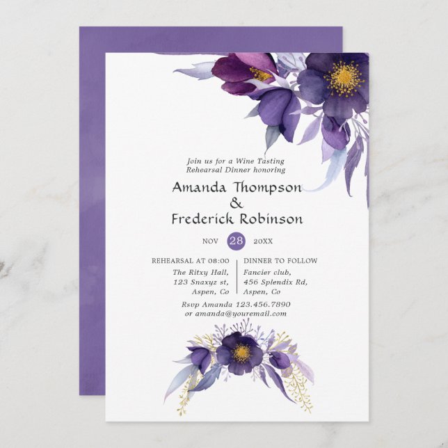 Violett Plommon Vattenfärg Blommig Övningsmiddag Inbjudningar (Fram/baksida)