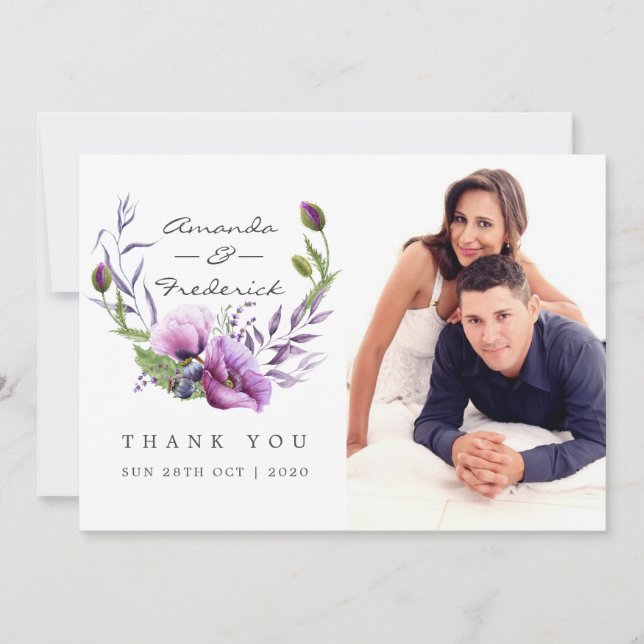 Violett Poppy Blommig Bröllop Tack foto Kort (Framsida)