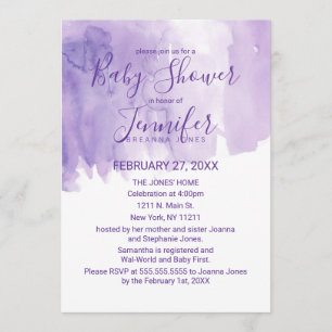 Violett purpurfärgad vattenfärgstänkbaby shower inbjudningar