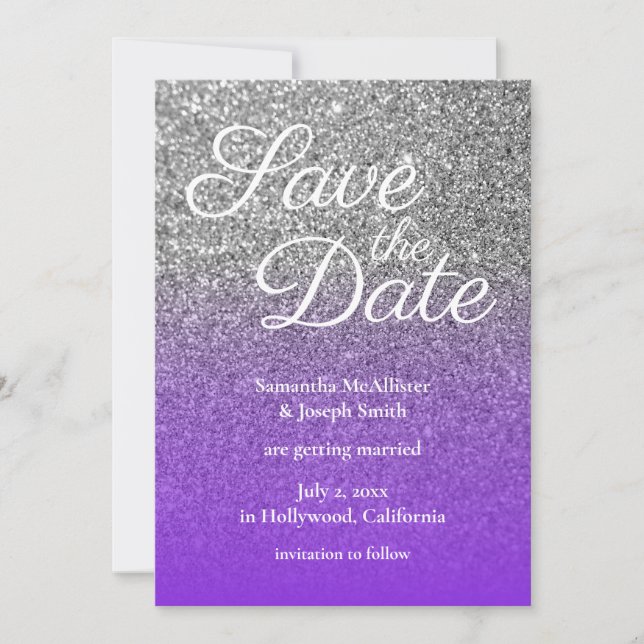 Violett silverfärgad Ombre Glitter Save the Date Inbjudningar (Framsida)