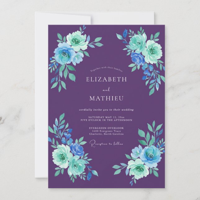 Violett Teal Lövverk Eukalyptus Bröllop Inbjudningar (Framsida)