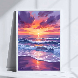 Violett Tid Lila Solnedgång Oceanvågor Målning Kon Poster