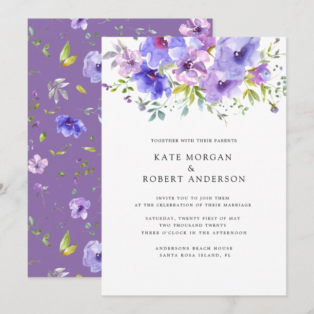 violett trädgård vattenfärg dubbel monogram inbjudningar (Fram/baksida)