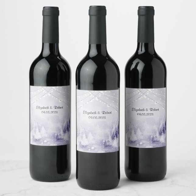 Violett vinterlandskap Snö Vinflaska Etikett (Flaskor)