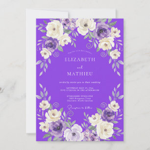 Violett vit ranunculus-eukalyptusbröllop inbjudningar