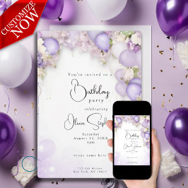 Violetta ballonger och peony blomster QR födelseda Inbjudningar