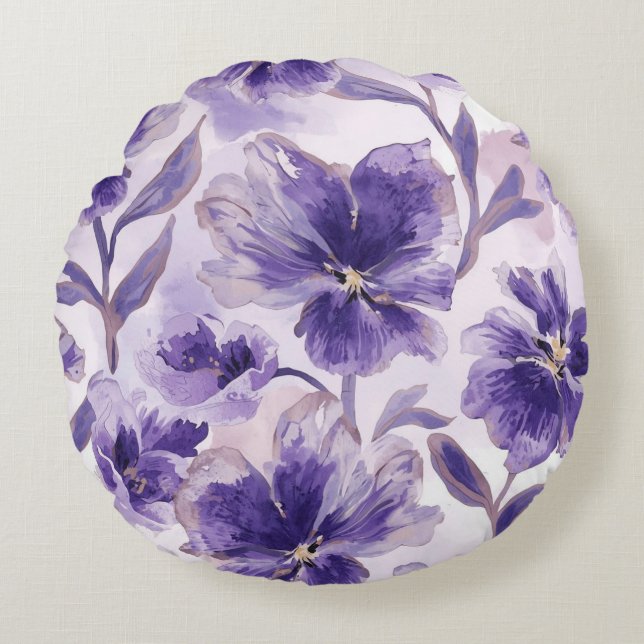 Violetta blommar akvarell lila blommor målade rund kudde (Framsidan)