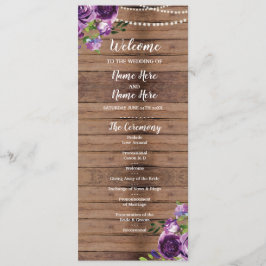 Violetta blommor bröllopsprogram trä rustik blomst program