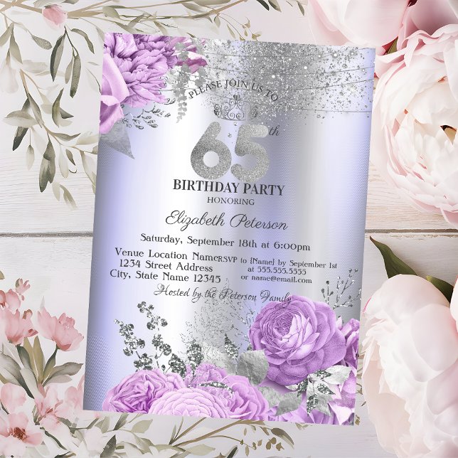 Violetta blommor glitter lila 65-årsdag inbjudningar (Skapare uppladdad)