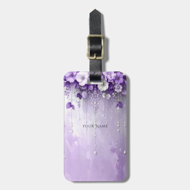 Violetta blommor med dinglande pärlor bagagetikett bagagebricka (Vertikal Framsida)