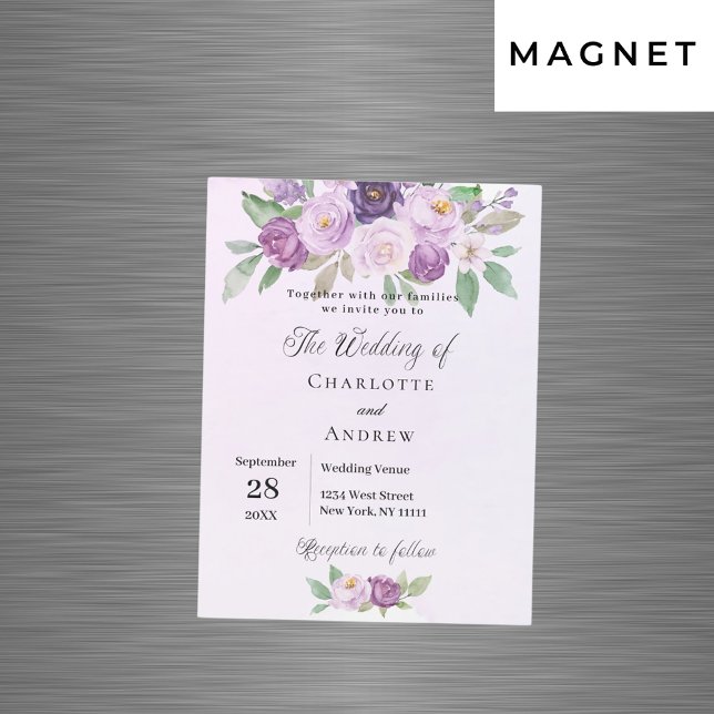 Violetta blommor ro greenery lyxury bröllop magnetisk inbjudningskort (Skapare uppladdad)