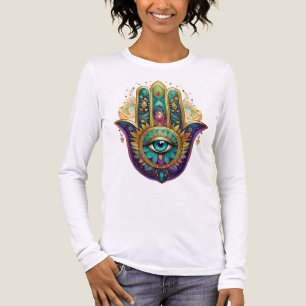 Violetta Gröna Gula Kronblad Hamsa Turkos Tredje Ö T Shirt