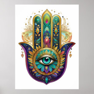 Violetta Gröna Guld Kronblad Hamsa Turkos Tredje Ö Poster