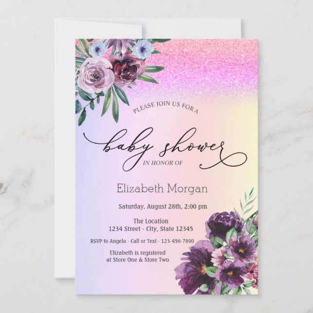 Violetta rosor, glitter bokeh baby shower  inbjudningar (Framsida)