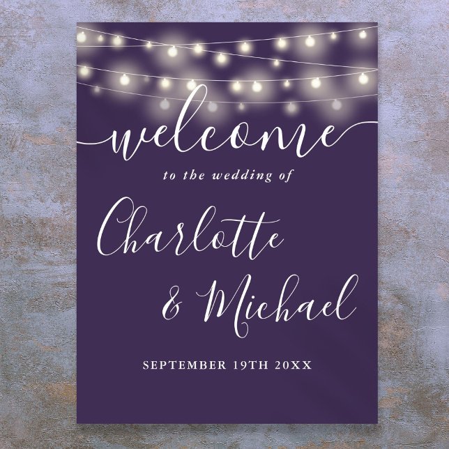 Violetta Strängljus Bröllopsväggskylt Poster (Purple String Lights Wedding Welcome Sign)