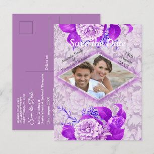 Violetta/Vita Rosor Blommor på grönt mönstrat papp Meddelande Vykort