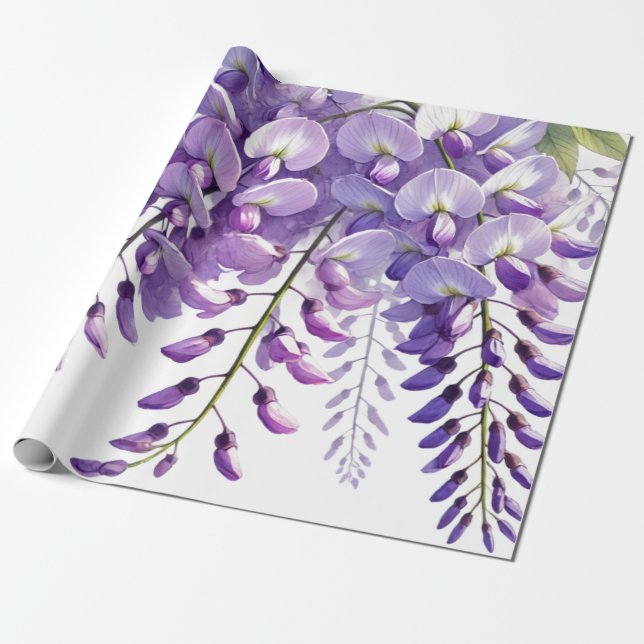 Violetta Wisteria-blommor Vilda blommor Akvarell  Presentpapper (Utrullad)