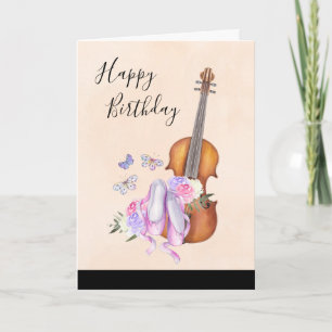 Violin, balett skor, blommor och fjärilar kort