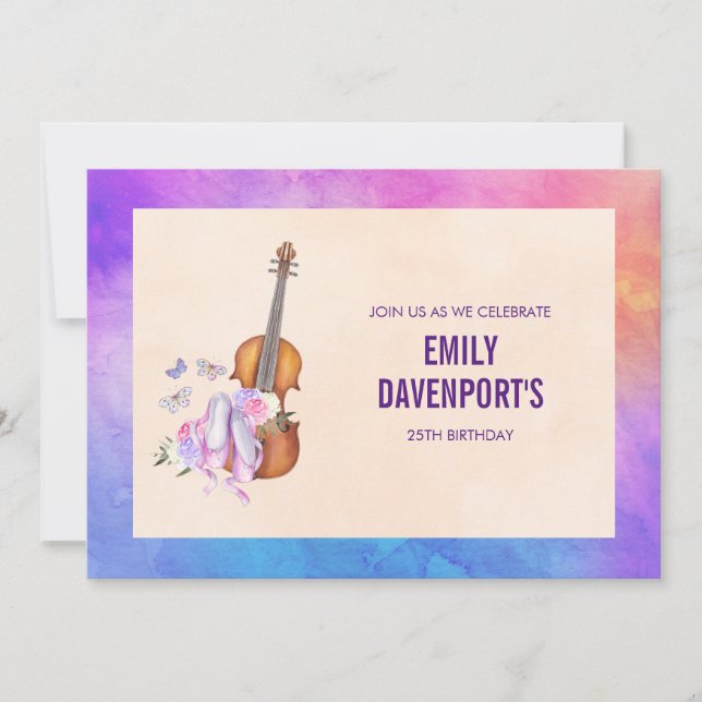 Violin, balettskor och fjärilar födelsedag inbjudningar (Framsida)