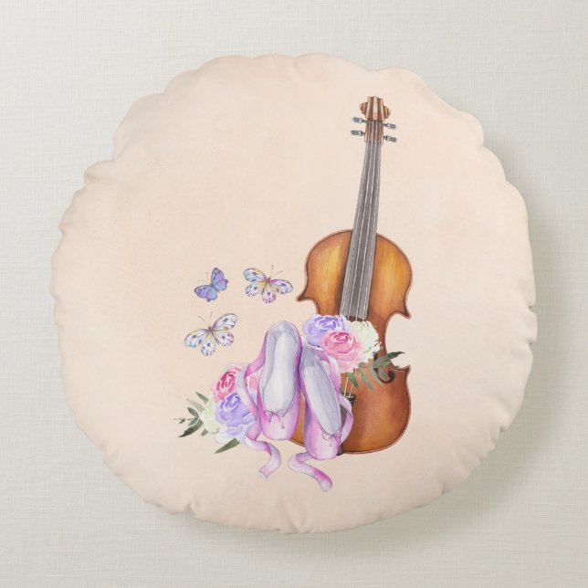 Violin, Ballet Shoes, Flowers and Butterflies Rund Kudde (Framsidan)