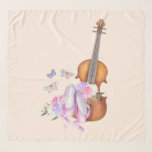 Violin, Ballet Shoes, Flowers and Butterflies Sjal<br><div class="desc">En kvadratisk chiffonhalsduk med mjuk lårfenutformning. Illustrerad med en vattenfärgsbild av en violin av trä,  en del rosa ballet tofflor som vilar mot den och dekoreras med blommor och fjärilar. Ställ in på en persiko-rosas färgad-bakgrund.</div>