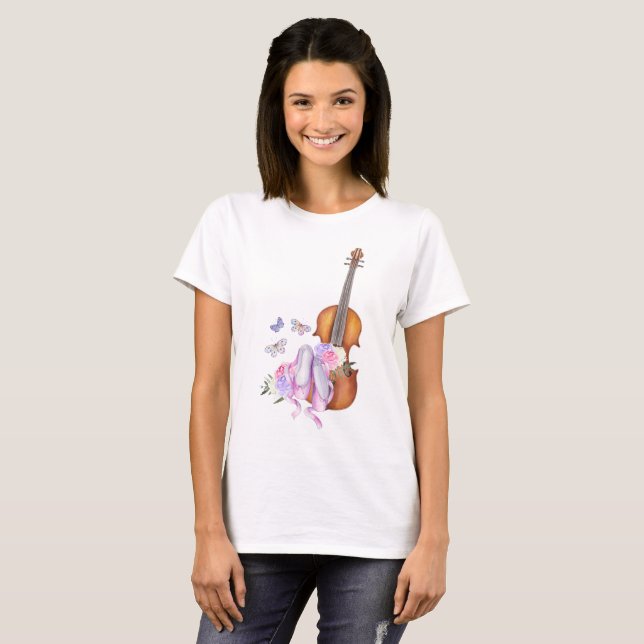 Violin, Ballet Shoes, Flowers and Butterflies T Shirt (Hel framsida)