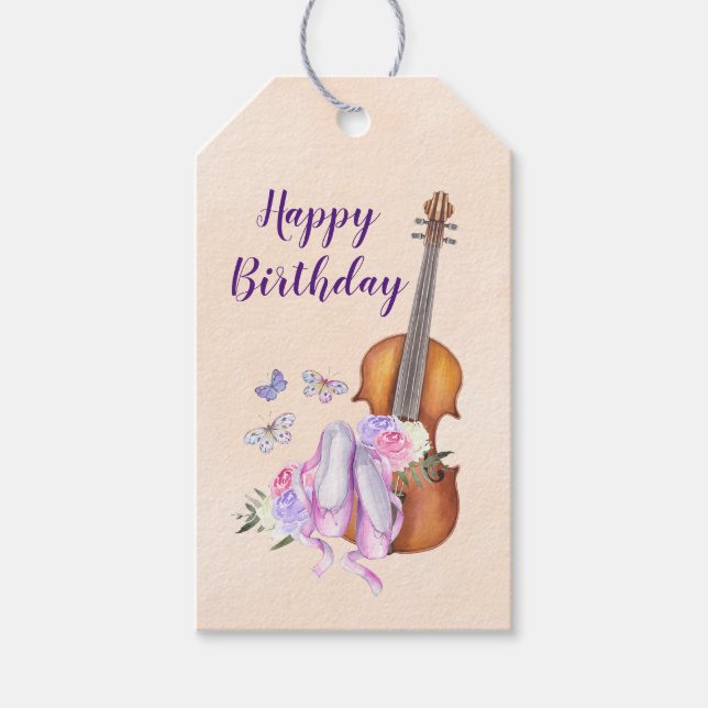 Violin, Ballet Shoes och Butterflies Birthday Presentetikett (Framsidan)