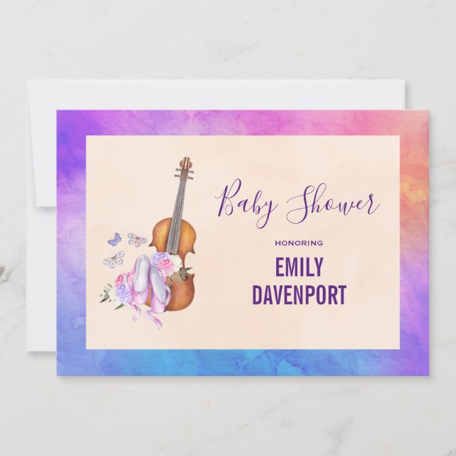 Violin, Ballet Shower och Butterflies Baby Shower Inbjudningar (Framsida)
