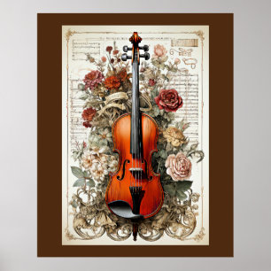 Violin Beauty, blommigt ornate AI-genererad Poster