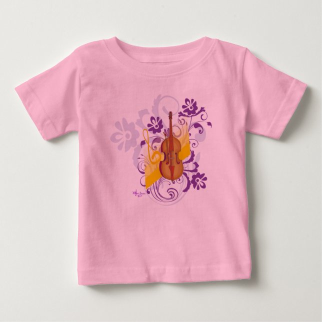 Violin Blommig Virvel Rosa Småbarnskjorta med Rull Tee Shirt (Framsida)