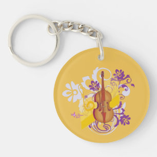 Violin Blommigt Swirl Guld Round 2-Sided Keychain